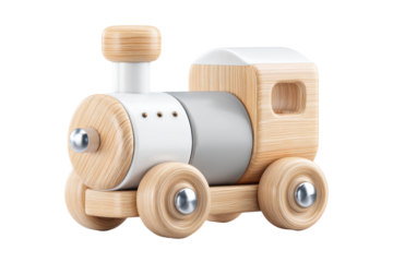 Wooden toy train engine with natural and white finish on black background, cut out