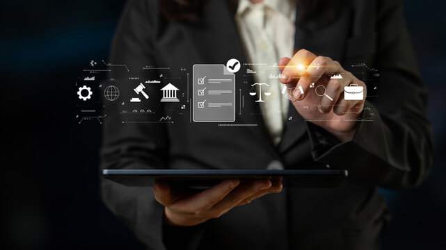 The process of ensuring regulatory compliance and finalizing business legal agreements. A concept of meeting standards, due diligence, and contracts. Motif