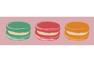 Flat illustration of three types of macaroons on a pink strip