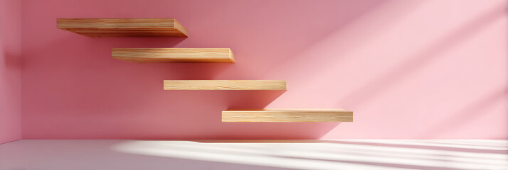 Minimalist interior view of simple wooden floating shelves (steps) ascending diagonally on a bright pink wall, illuminated by strong directional shadows from a window.
