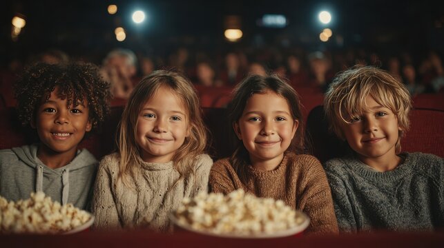 Diverse Children Enjoying Popcorn at Cinema