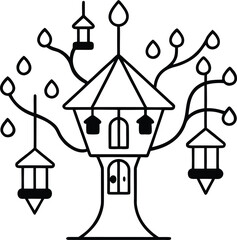 Fototapeta premium magical treehouse with lanterns and wooden bridges illustration on transparent background