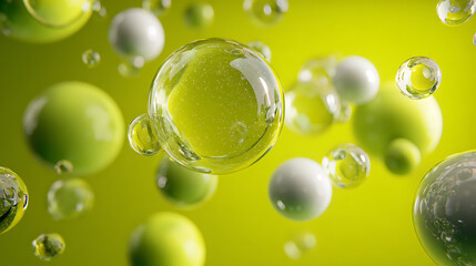 Abstract 3D render of glossy transparent and opaque spheres and bubbles floating against a vibrant lime green background, symbolizing science, cosmetic molecules, or freshness.
