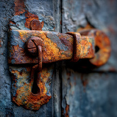 Extreme close-up macro of an antique, heavily rusted metal latch or clasp securing a door, emphasizing industrial decay, rough texture, and orange corrosion.
