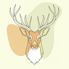 Christmas reindeer hand drawn line illustration in soft pastel green and brown tones, festive holiday sketch for New Year seasonal cards, posters and winter decoration