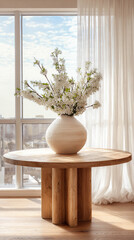 A round wooden table in front of a large bright window with a light beige vase with white flowers 