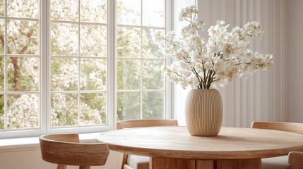 A round wooden table in front of a large bright window with a light beige vase with white flowers 