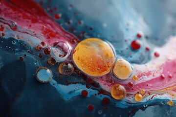 Stunning macro shot captures vibrant water-oil emulsion with colorful swirls and droplets showcasing intricate patterns and textures