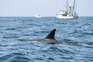 Fototapeta premium A large dark fin of a marine mammal surfaces gracefully from the deep blue ocean, with two distant boats visible under a clear sky.