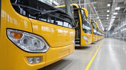 A close-up of the front of a new yellow bus, with a line of similar buses blurred in a large factory hall.