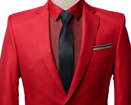 Red Suit Textured Tie Silver Pocket Square isolated on a transparent background black tie