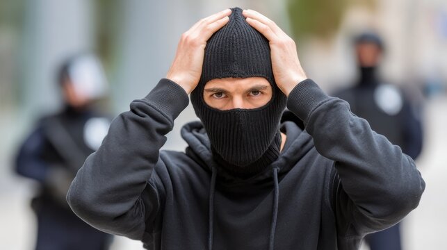 A person in a black balaclava and hoodie holds their head in distress, with two blurred law enforcement figures visible in the background.