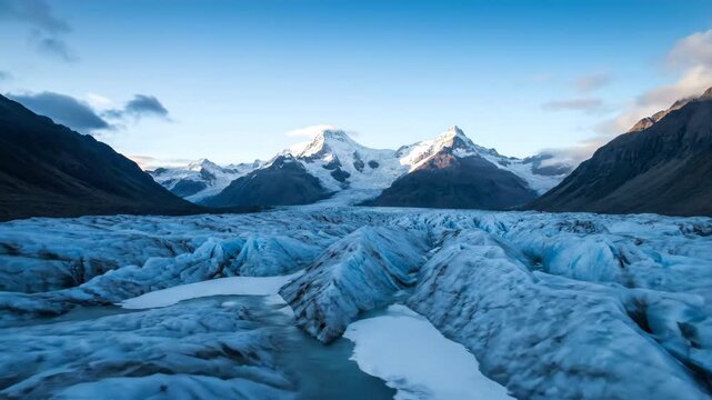 Glacial ice slowly melts and shifts against a cold, distant mountain range under a changing sky timelapse southpole, water, background