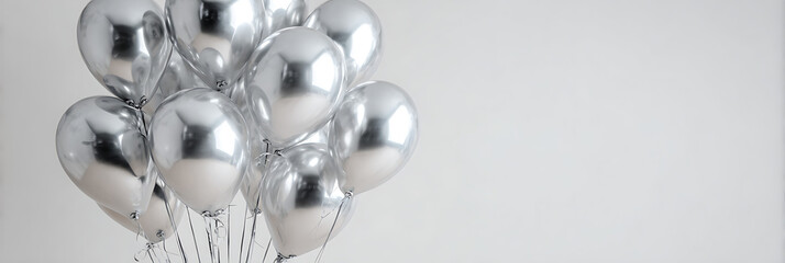 Cluster of shiny, helium-filled silver metallic balloons, reflecting light, against a clean, white background, suggesting celebration, party, and elegance.
