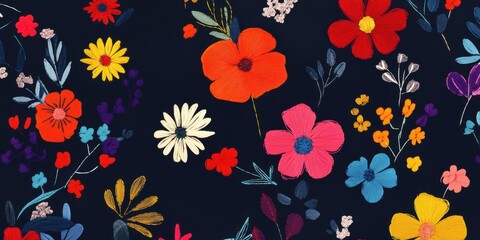 A Bright and Vibrant Floral Pattern Set Against a Deep and Dark Background Appearing Bold