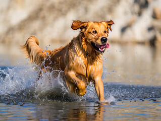 golden retriever running in the water