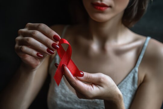 Woman holds a red ribbon symbolizing awareness for HIV and AIDS, showcasing support and advocacy in a meaningful gesture of solidarity and hope