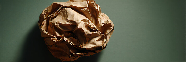 Close-up of a crumpled ball of brown paper or kraft material, positioned against a subtly textured, dark green wall, emphasizing texture and recycling concept.
