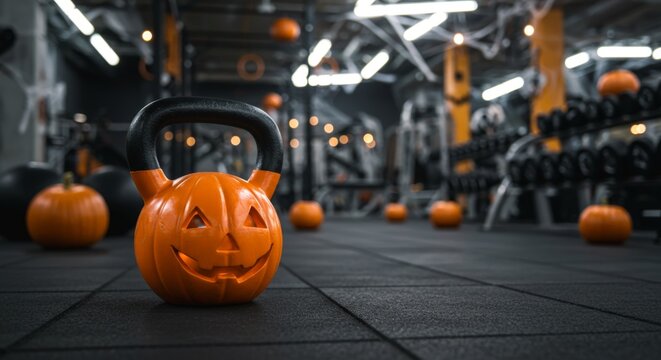 Halloween pumpkin kettlebell in modern gym interior