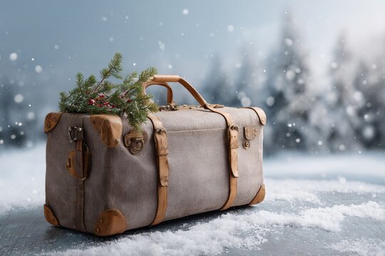 Suitcase packed for winter holiday adventures surrounded by soft snowflakes and a serene snowy landscape
