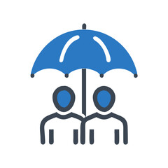 Two people standing under a blue umbrella in a minimalist style  