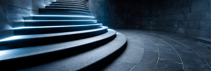 Abstract view of a circular stone staircase ascending in darkness, illuminated by glowing blue light strips along the steps, suggesting mysterious progression and futuristic architecture.
