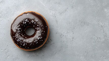 Overhead shot of a single glazed chocolate donut sprinkled with coarse salt, positioned on the left side of a textured gray concrete background, offering clean copy space.
