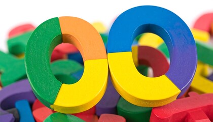 Colorful wooden rings on a pile of colorful wooden letters