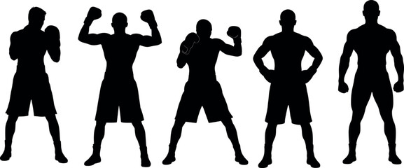 Boxing silhouettes of male fighters in various combat stances, isolated on white background for sports, fitness, and martial arts themes