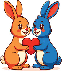 Cartoon orange and blue rabbits holding heart together, cute love vector for Valentine’s Day, friendship, merchandise, greeting cards, and affection themes
