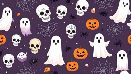 Halloween pattern with ghosts, skulls, pumpkins, spiderwebs, and spiders on purple backdrop