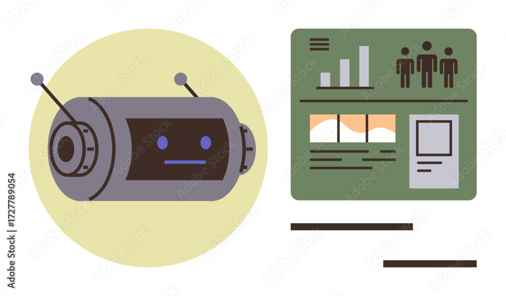 Aufkleber cylindrical robot head with antennas next to a screen showing charts, graphs, and user analytics. id