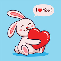 Cute cartoon bunny hugging heart with “I ❤️ You” speech bubble, love and affection vector for Valentine’s Day, greeting cards, merchandise