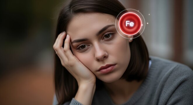 Young woman resting hand on face, showing anemia and low iron levels. Female adult feeling weak, experiencing fatigue and poor health. Fe symbol visible.