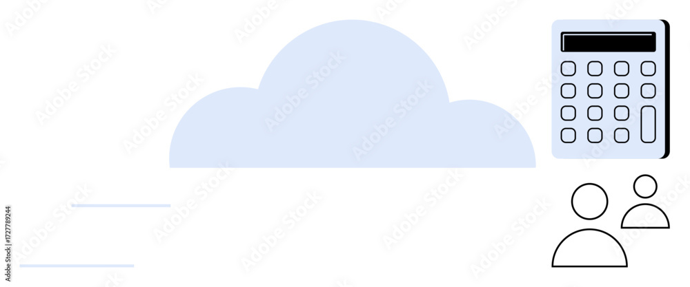 Poster cloud icon with seamless data movement, calculator symbolizing financial tool, user icons for intera