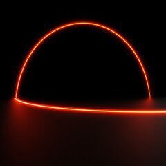 Abstract minimalist composition featuring a glowing orange neon light line forming a semi-circle arch on a dark, reflective surface, suggesting a stage or portal.
