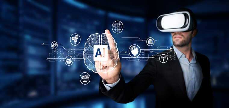 A businessman uses virtual reality to engage with artificial intelligence visualizations. This scene depicts innovation and modern technology in a sophisticated workspace. XDMCP