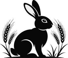 Rabbit silhouette with wheat plants, black vector illustration for nature, agriculture, wildlife themes, merchandise, prints, and decorative design