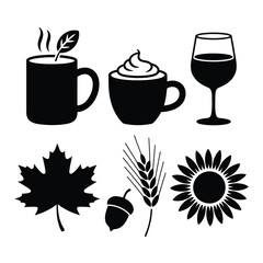Thanksgiving Silhouette Bundle Hot Apple Cider Mug Coffee Cup Wine Glass Maple Leaf Acorn Wheat Stalk Sunflower Black Vector Icons on White Background