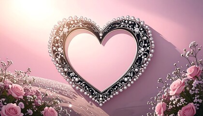 Ornate heart-shaped frame decorated with pearls on pink background. Flowers below