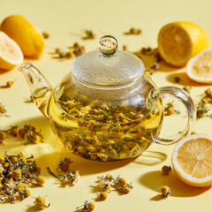 Glass teapot filled with chamomile tea and fresh flowers, surrounded by whole and sliced lemons, set on a bright yellow background, emphasizing herbal health and light refreshment.
