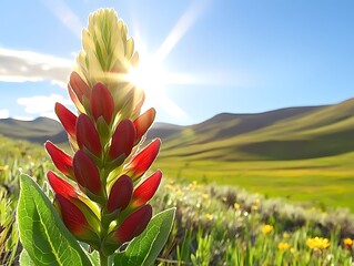 Stunning Red Indian Paintbrush Flower in Mountain Meadow Sunlit Landscape