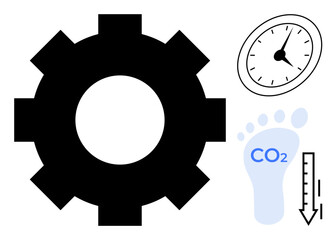 Gear indicating process, clock for time management, blue CO2 footprint, thermometer with downward arrow showing reduction. Ideal for sustainability, efficiency, time-saving, eco-awareness, carbon