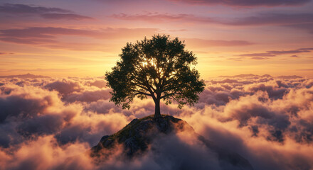 Fototapeta premium A lone tree standing on a cloud-shrouded mountaintop at sunset, evoking solitude, serenity, and natural beauty.