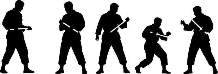 Martial Arts Silhouettes Practicing Nunchaku Techniques in Dynamic Poses with Uniforms – Combat Training, Weapon Skills, Self Defense Concept