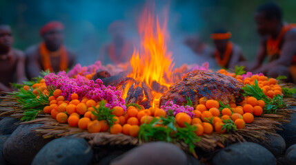 tribal fire ceremony, colorful fruits and meat, sacred ritual setting, traditional gathering, vibrant orange fire, spiritual context, cultural celebration, natural stone circle