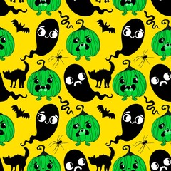 Autumn harvest vegetable seamless monster Halloween pumpkins pattern for wrapping paper and fabrics