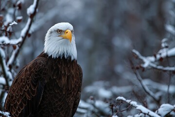 Obraz premium Majestic bald eagles perched in a frosty winter landscape showcasing the serene beauty of nature and wildlife during the cold season
