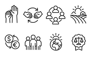 Obraz premium Global Fairness Icons. Global fairness visuals icons in outline style: diverse hands, trade arrows, community circle, farm field, currency exchange,