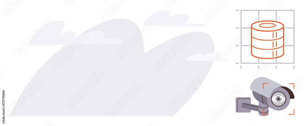 Poster security camera observing data icon on grid with clouds, representing monitoring, safety, tech, cybe